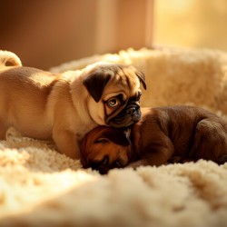 Pug Puppy Gently Wakes Sleeping Friend