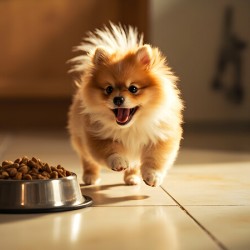 Excited Pomeranian Puppy Celebrates Full Food Bowl