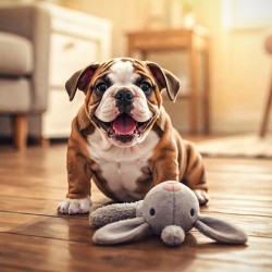 Bulldog Puppy Discovers New Plush Rabbit Friend