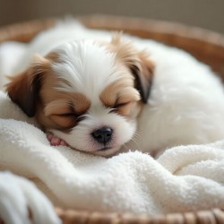 Peaceful Shih Tzu Puppy Sleeps In Cream Towels