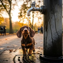 Dachshund Puppy Discovers Water Fountain