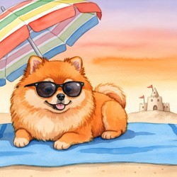 Tired Pomeranian Puppy Resting On Beach Towel