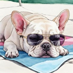 Tired Cream French Bulldog Puppy Resting On Beach Towel
