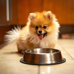 Pomeranian Puppy Waits By Empty Food Bowl