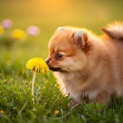 Pomeranian Puppy Discovers Yellow Dandelion In Meadow