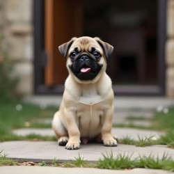Tan and black Pug puppy with a wrinkled face sits proudly on a stone patio