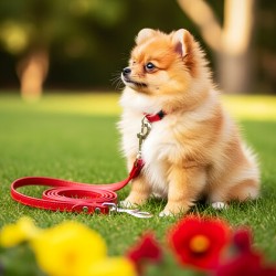 Pomeranian Puppy Discovers New Red Leash