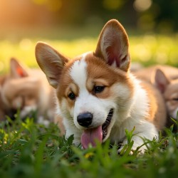 Tired Pembroke Welsh Corgi Puppy Resting After Playing With Siblings