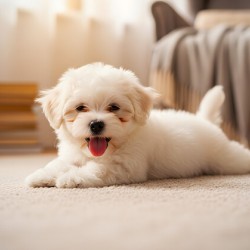 Tired Bichon Frise Puppy Rests After Zoomies Fun