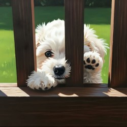 White Bichon Frise Puppy Peeking Through Wooden Fence