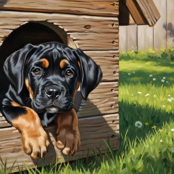 Curious Cane Corso Puppy Peeks From Doghouse