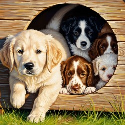 Golden Retriever Puppy Enters Crowded Doghouse