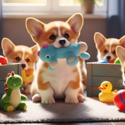 Happy Corgi Puppy Enjoys New Plush Toy Friend