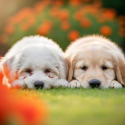 Tired Bichon Frise Puppies Resting After Playing In The Garden