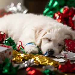 Sleepy Bichon Frise Puppy Naps Among Holiday Wrapping