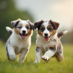 Blue Merle Australian Shepherd Puppies Playing Together In Tall Grass