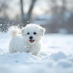 White Bichon Frise Puppy Discovers Fresh Snow In Winter Yard