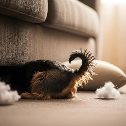 Brown Yorkshire Terrier Puppy Hiding Under Couch After Mess