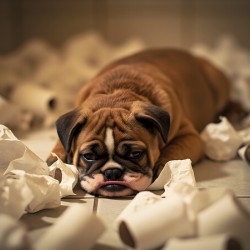 Exhausted Bulldog Puppy After Paper Battle