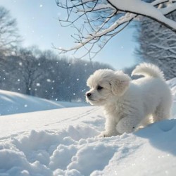 Curious White Bichon Frise Puppy Takes First Steps Into Deep Snow