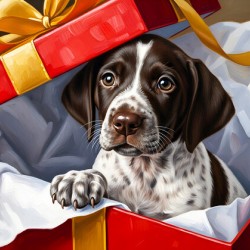 German Shorthaired Pointer Puppy Discovers Big Red Gift Box