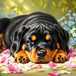 Sleepy Rottweiler Puppy Rests In Flower Bed