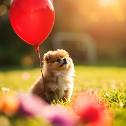Pomeranian Puppy Discovers Floating Red Balloon