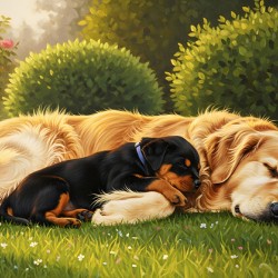 Sleepy Puppy Rests Safely Between Big Dogs Protective Paws