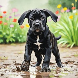 Cane Corso Puppy Playing In Muddy Garden