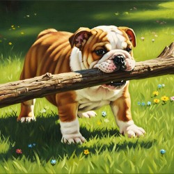 Bulldog Puppy Finds Big Wooden Stick