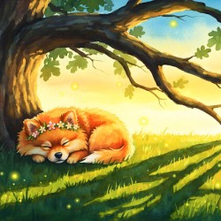 Pomeranian Puppy Sleeps Under Oak Tree At Sunset