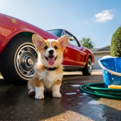 Corgi Puppy Ready For Car Wash Adventure
