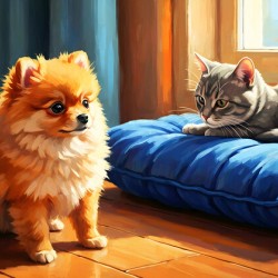 Pomeranian Puppy Discovers New Friend