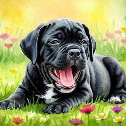 Sleepy Cane Corso Puppy Yawns In Garden