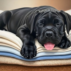 Tired Cane Corso Puppy Resting On Blankets