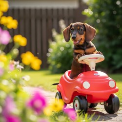 Dachshund Puppy Ready For Adventure In Red Toy Car