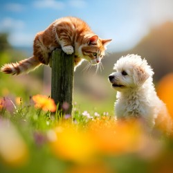 Bichon Frise Puppy Meets Garden Cat
