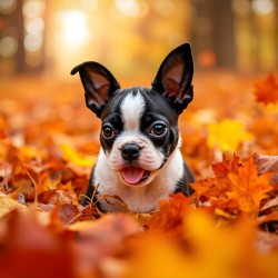 Boston Terrier Puppy Discovers Autumn Leaf Pile
