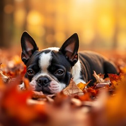 Sleepy Boston Terrier Puppy Rests In Autumn Leaves