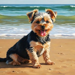Tired Yorkshire Terrier Puppy Rests On Beach