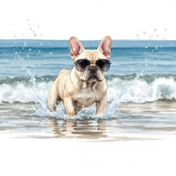 Cream French Bulldog Puppy Splashing In Ocean Water With Sunglasses