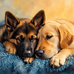 German Shepherd Puppy Snuggles With Golden Friend
