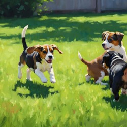 Beagle Puppy Runs To Join Sibling Playtime Fun