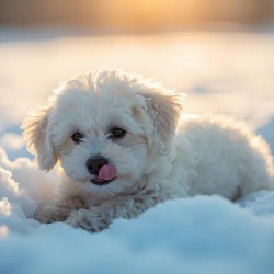 Content White Bichon Frise Puppy Resting After Snow Play Session