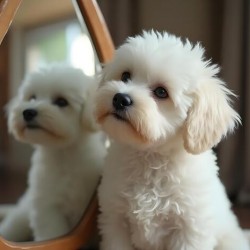 Thoughtful Bichon Frise Puppy Contemplates Its Mirror Reflection
