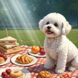 Patient Bichon Frise Waits For Picnic Treats