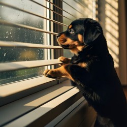 An adorable black and tan Rottweiler puppy stands curiously at a window