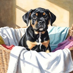 Puppy Cane Corso Discovers Cozy Laundry Basket