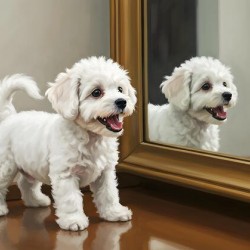 Playful White Bichon Frise Puppy Invites Mirror Reflection To Play