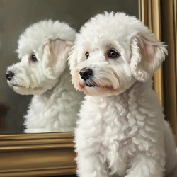 White Bichon Frise Puppy Contemplates Its Reflection